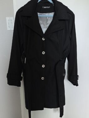 Calvin Klein Black Belted Trench Coat With Hood EUC
